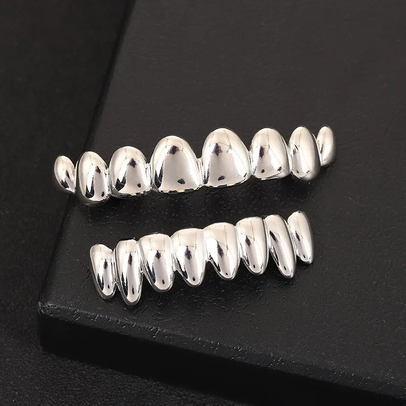 Trendy 2025 Glossy Teeth Grillz Hip Hop Golden Silvery Top Bottom Tooth Caps Unisex Rapper Costume Party Halloween Gift