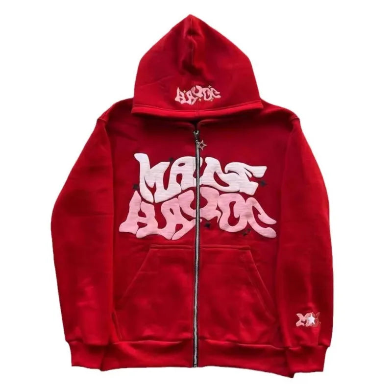 Fashion Retro Star and Letter Printed Zipper Hoodies Women & Men Y2K Spring Autumn Section Lazy Trendy All-match Cardigan Hooded