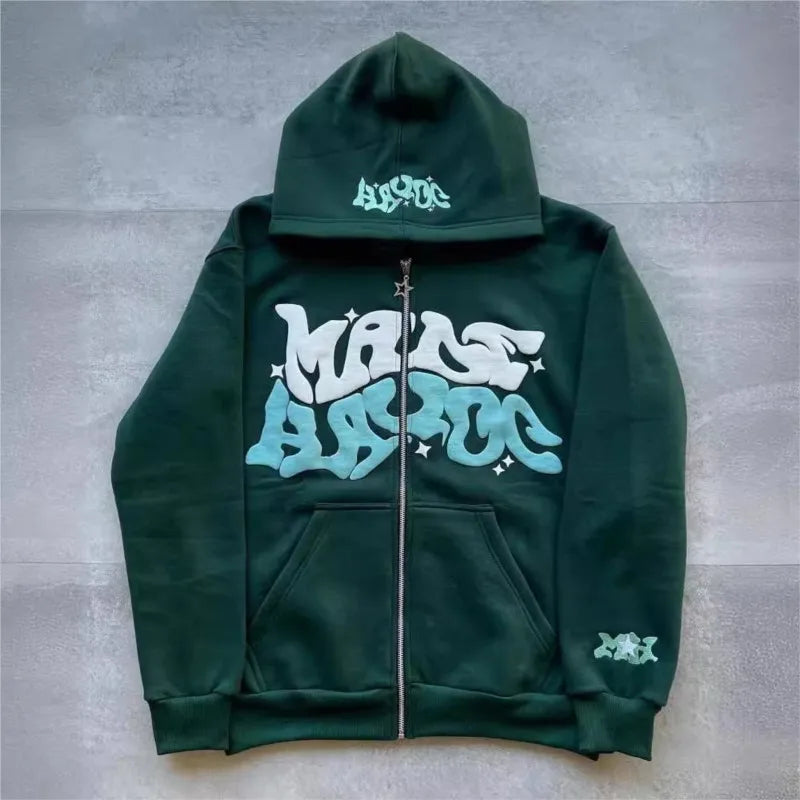 Fashion Retro Star and Letter Printed Zipper Hoodies Women & Men Y2K Spring Autumn Section Lazy Trendy All-match Cardigan Hooded