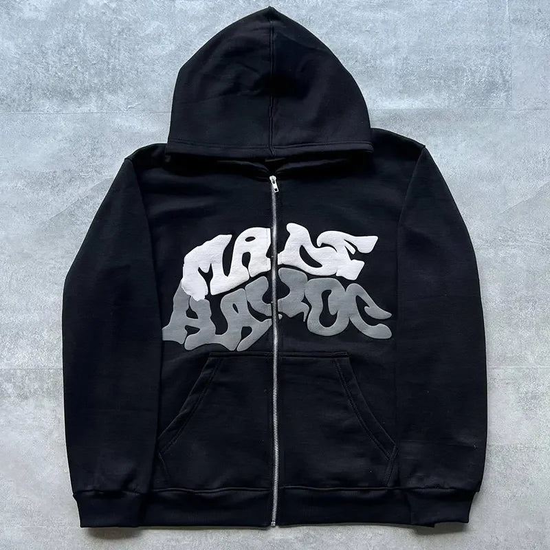 Unisex Black Zip Up Hoodie Oversized Streetwear Hooded Sweatshirt Graphic Letter Print Full Zip Fleece Jacket
