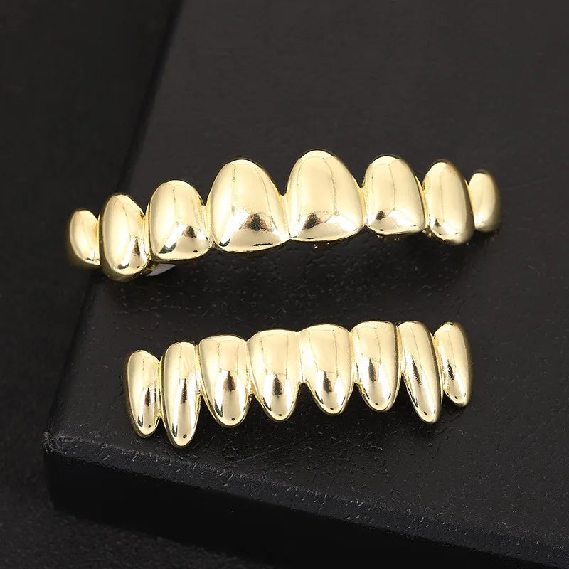 Trendy 2025 Glossy Teeth Grillz Hip Hop Golden Silvery Top Bottom Tooth Caps Unisex Rapper Costume Party Halloween Gift