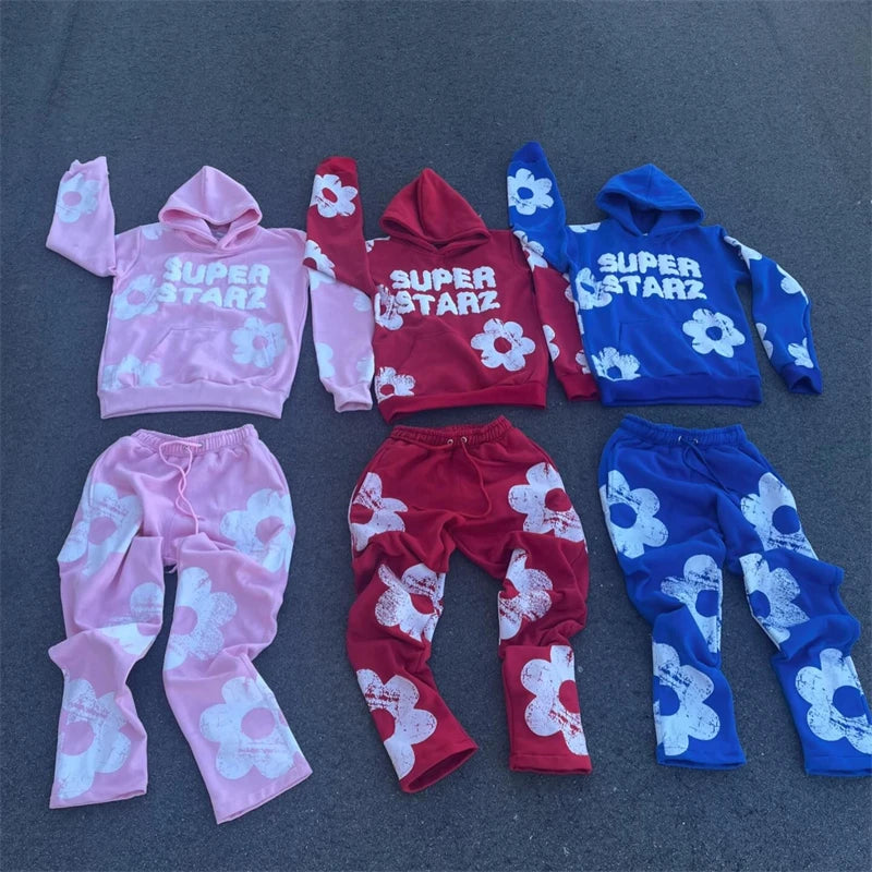 2024 American Winter Couple Y2k Hooded 2 Piece Sets Print Coats + Drawstring Pants Long Sleeve Sportswear Oversized Casual Suits