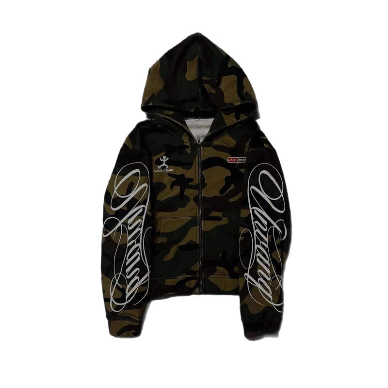 Autumn GRUGE Camouflage Aesthetics Harajuku INS Zipper Hooded Sweatshirt Y2K Street Style Casual Men's and Women's Jackets