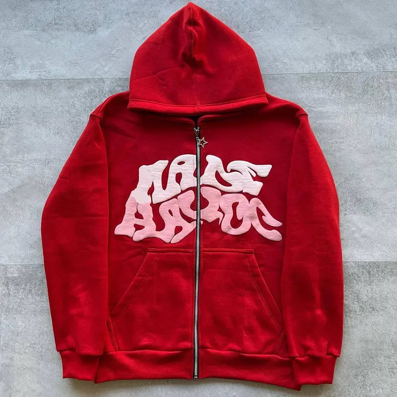 Unisex Black Zip Up Hoodie Oversized Streetwear Hooded Sweatshirt Graphic Letter Print Full Zip Fleece Jacket