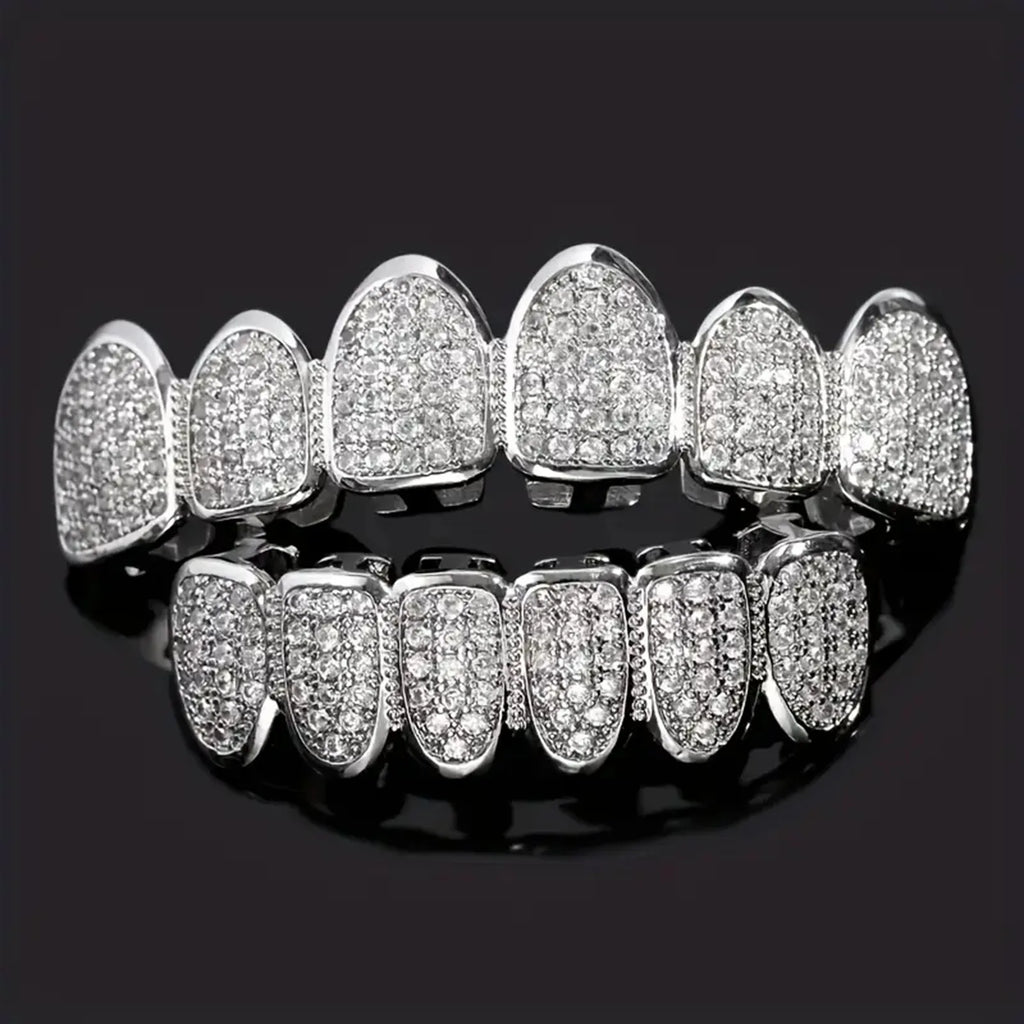 Trendy 2025 Glossy Teeth Grillz Hip Hop Golden Silvery Top Bottom Tooth Caps Unisex Rapper Costume Party Halloween Gift