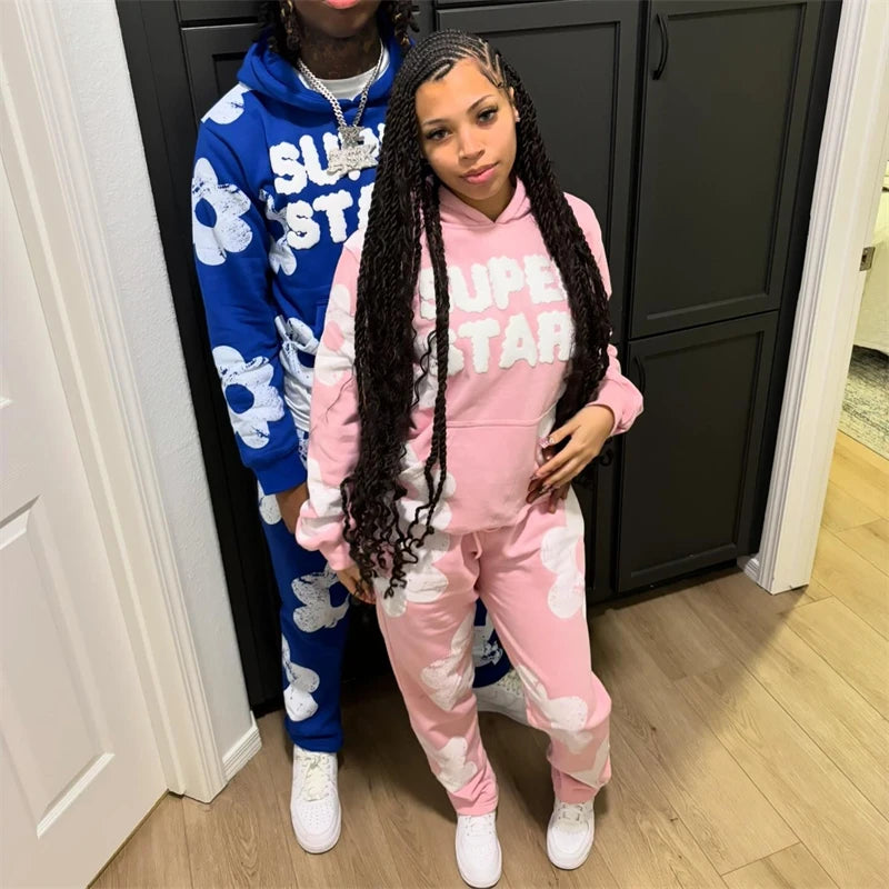 2024 American Winter Couple Y2k Hooded 2 Piece Sets Print Coats + Drawstring Pants Long Sleeve Sportswear Oversized Casual Suits