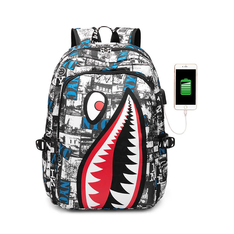 Backpack Elementary Bookbag Travel Rucksack Cartoon Shark Print Primary School Student Satchel Backpack Mochila Infantil