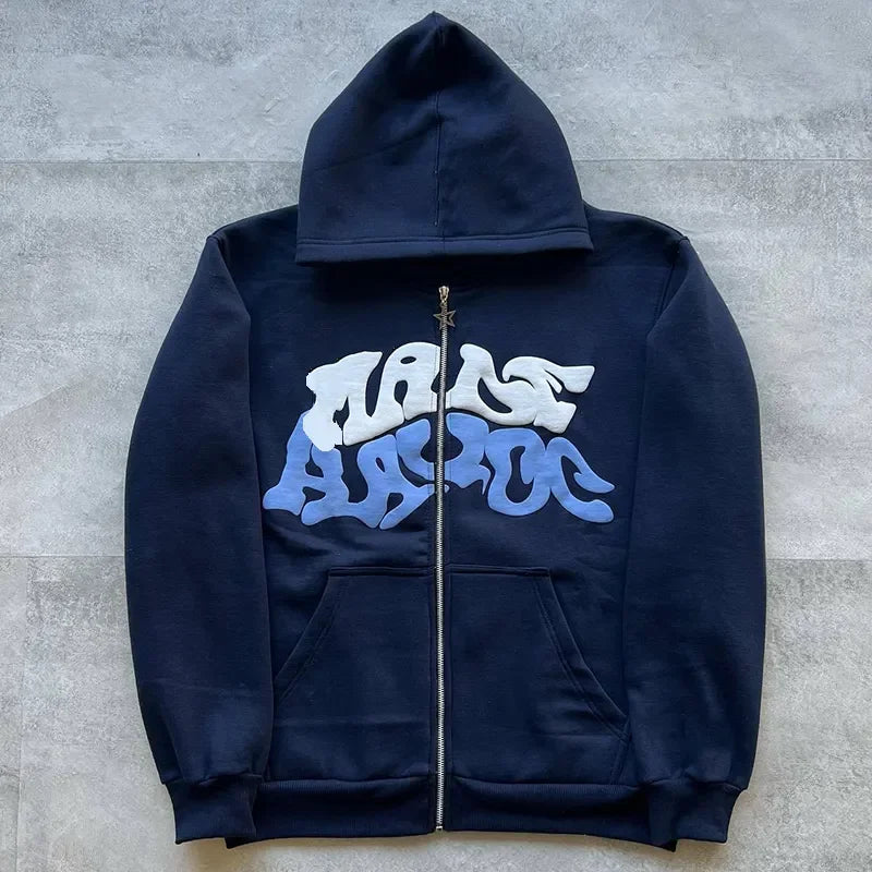 Unisex Black Zip Up Hoodie Oversized Streetwear Hooded Sweatshirt Graphic Letter Print Full Zip Fleece Jacket