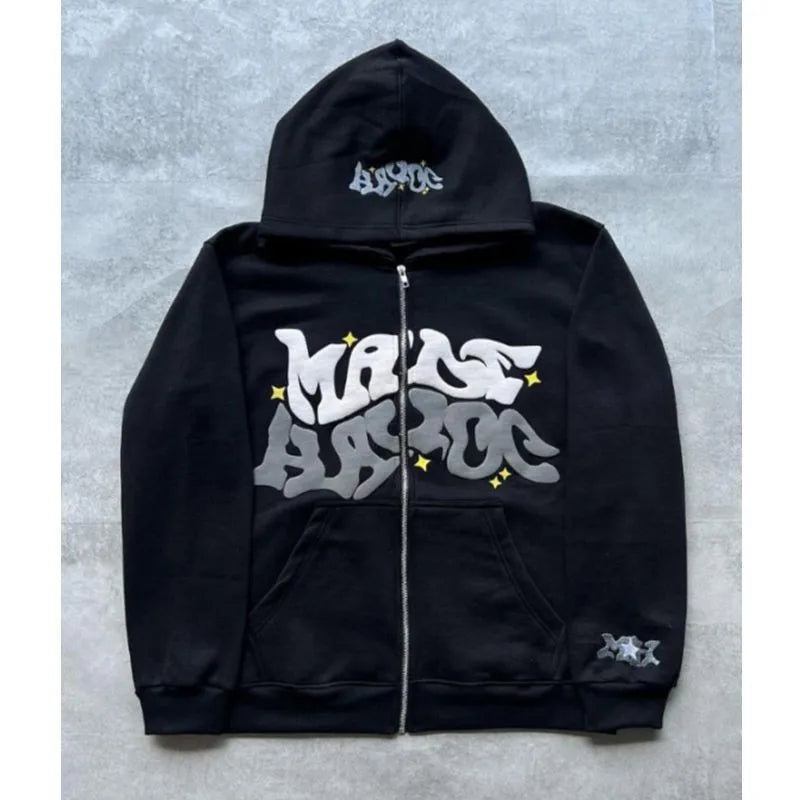 Fashion Retro Star and Letter Printed Zipper Hoodies Women & Men Y2K Spring Autumn Section Lazy Trendy All-match Cardigan Hooded