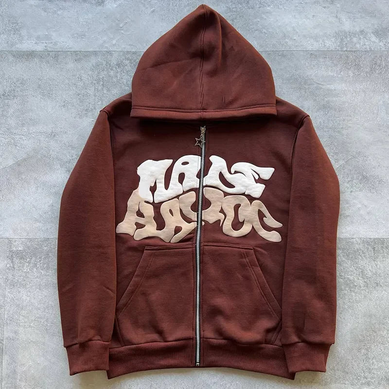 Unisex Black Zip Up Hoodie Oversized Streetwear Hooded Sweatshirt Graphic Letter Print Full Zip Fleece Jacket