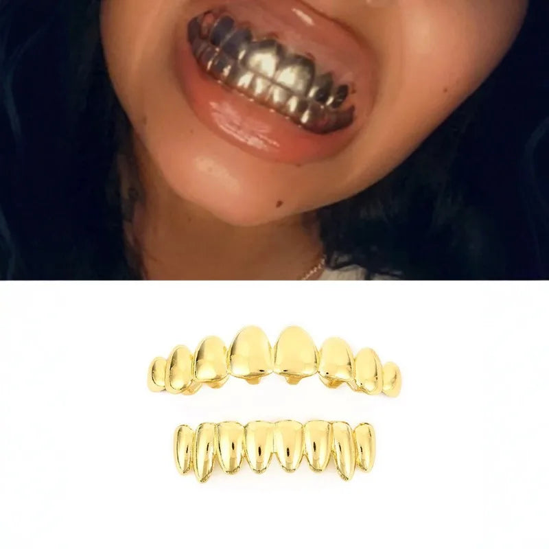 Trendy 2025 Glossy Teeth Grillz Hip Hop Golden Silvery Top Bottom Tooth Caps Unisex Rapper Costume Party Halloween Gift