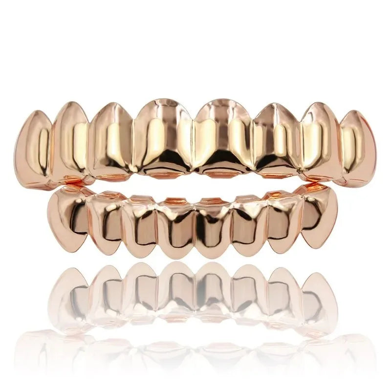 Trendy 2025 Glossy Teeth Grillz Hip Hop Golden Silvery Top Bottom Tooth Caps Unisex Rapper Costume Party Halloween Gift