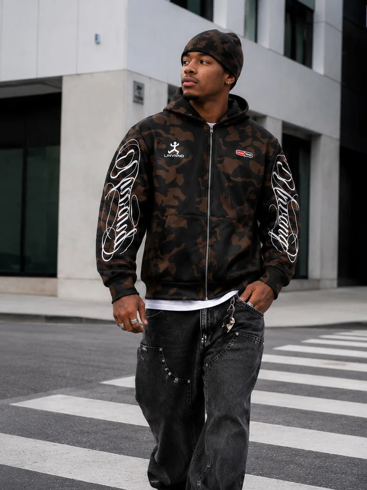 Autumn GRUGE Camouflage Aesthetics Harajuku INS Zipper Hooded Sweatshirt Y2K Street Style Casual Men's and Women's Jackets