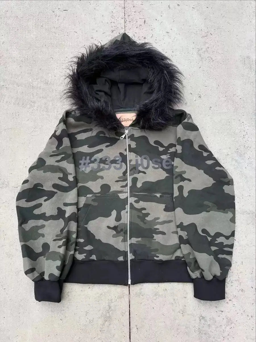 Y2K Zip up hoodie Streetwear Hip Hop Casual Top Oversized Zipper Hoodie sweatshirt Goth Camouflage Aesthetics Graphic Print Punk