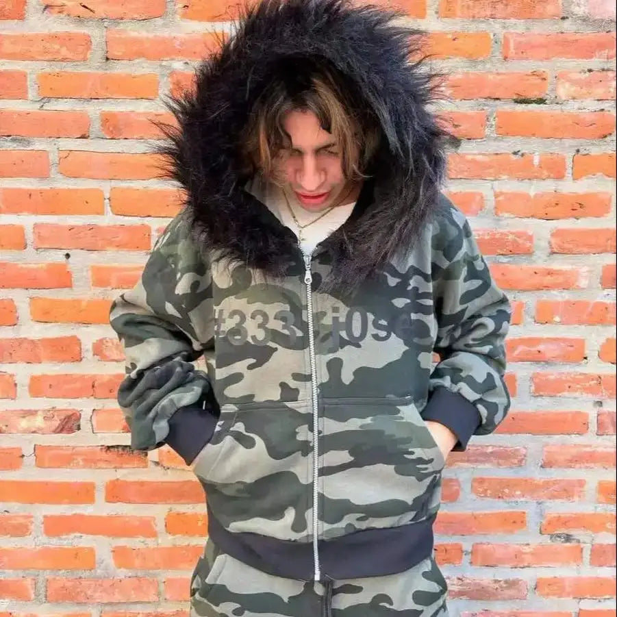 Y2K Zip up hoodie Streetwear Hip Hop Casual Top Oversized Zipper Hoodie sweatshirt Goth Camouflage Aesthetics Graphic Print Punk