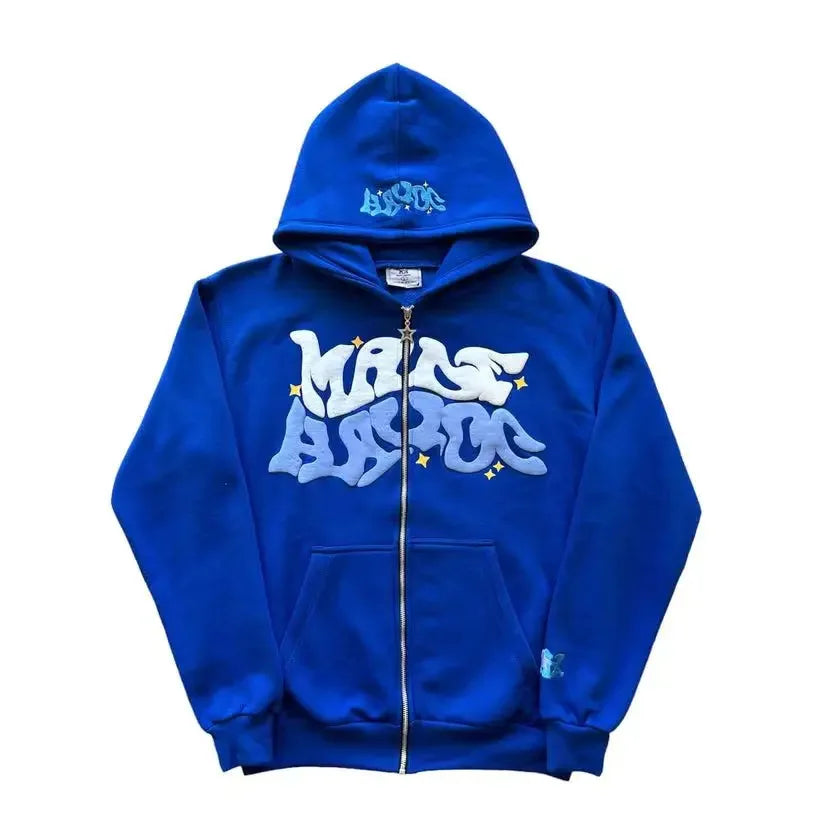 Fashion Retro Star and Letter Printed Zipper Hoodies Women & Men Y2K Spring Autumn Section Lazy Trendy All-match Cardigan Hooded