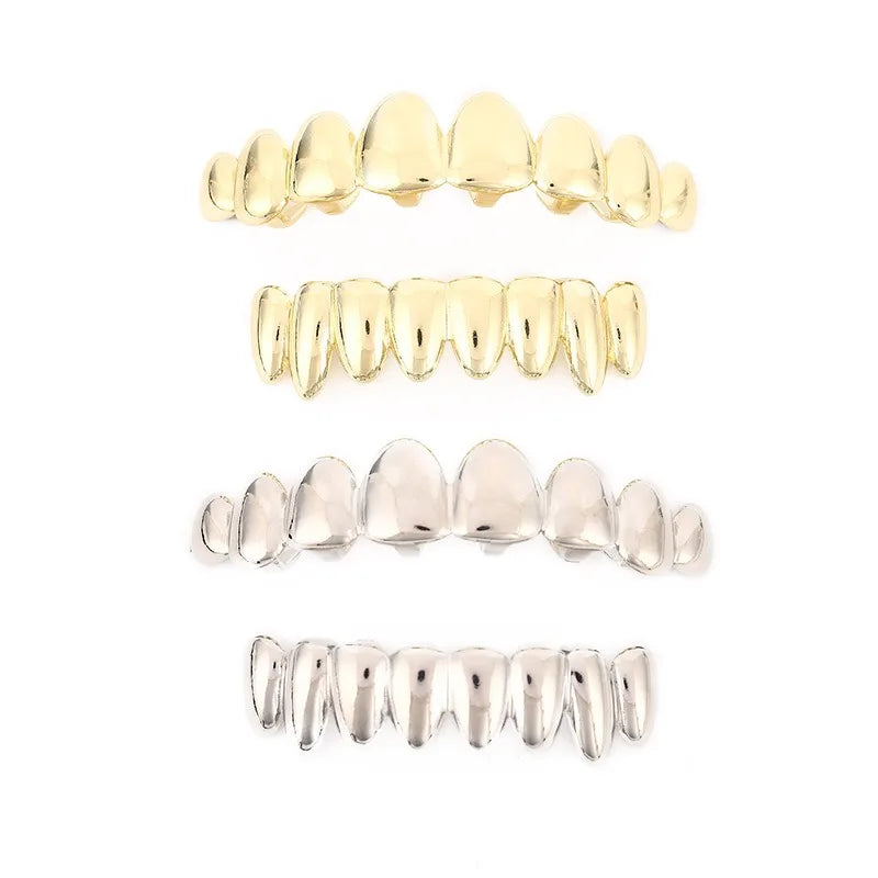 Trendy 2025 Glossy Teeth Grillz Hip Hop Golden Silvery Top Bottom Tooth Caps Unisex Rapper Costume Party Halloween Gift