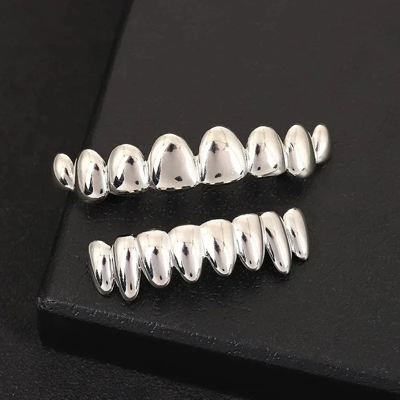 Trendy 2025 Glossy Teeth Grillz Hip Hop Golden Silvery Top Bottom Tooth Caps Unisex Rapper Costume Party Halloween Gift