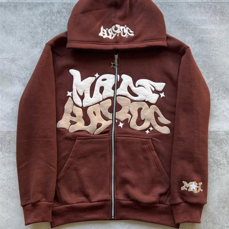 Fashion Retro Star and Letter Printed Zipper Hoodies Women & Men Y2K Spring Autumn Section Lazy Trendy All-match Cardigan Hooded