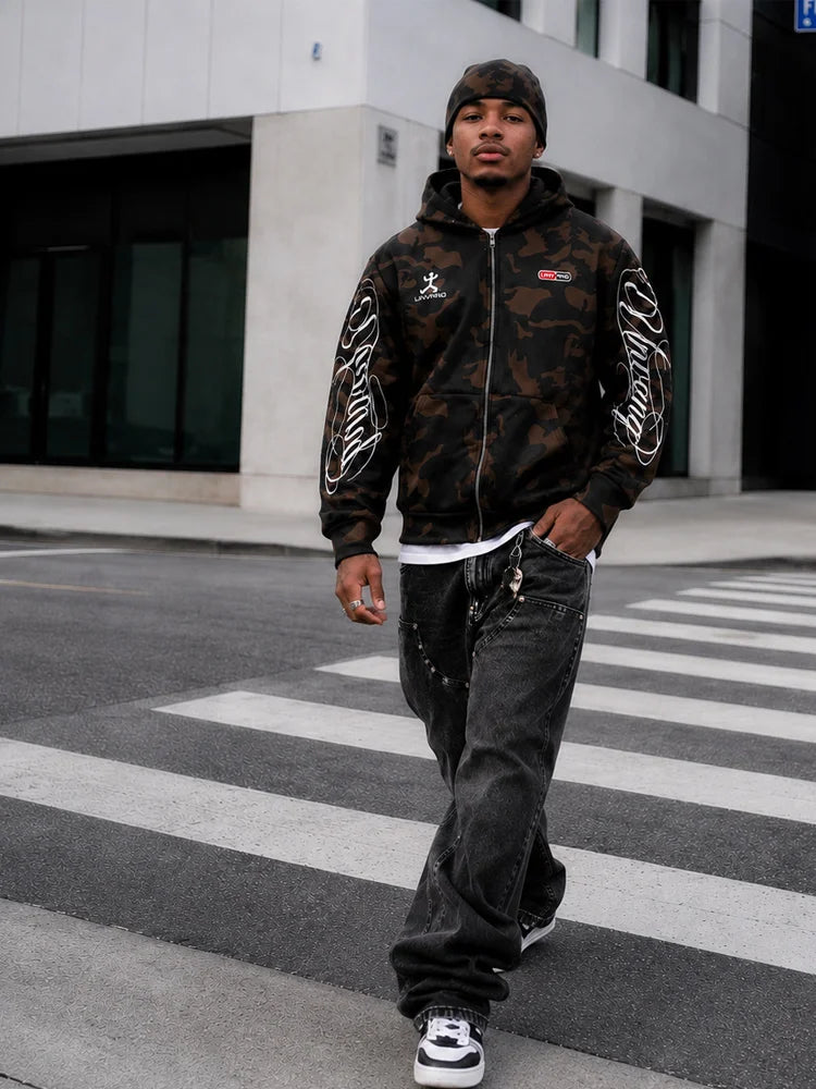 Autumn GRUGE Camouflage Aesthetics Harajuku INS Zipper Hooded Sweatshirt Y2K Street Style Casual Men's and Women's Jackets