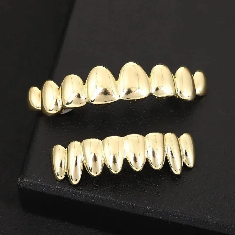 Trendy 2025 Glossy Teeth Grillz Hip Hop Golden Silvery Top Bottom Tooth Caps Unisex Rapper Costume Party Halloween Gift