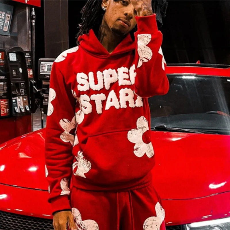 2024 American Winter Couple Y2k Hooded 2 Piece Sets Print Coats + Drawstring Pants Long Sleeve Sportswear Oversized Casual Suits