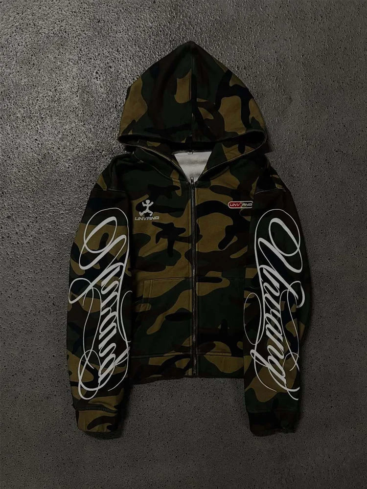 Autumn GRUGE Camouflage Aesthetics Harajuku INS Zipper Hooded Sweatshirt Y2K Street Style Casual Men's and Women's Jackets