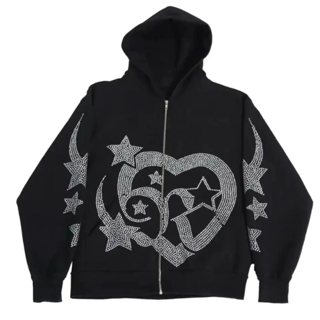 Unisex Black Zip Up Hoodie Oversized Streetwear Hooded Sweatshirt Graphic Letter Print Full Zip Fleece Jacket