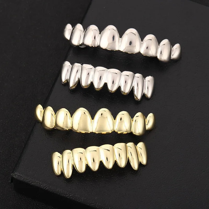 Trendy 2025 Glossy Teeth Grillz Hip Hop Golden Silvery Top Bottom Tooth Caps Unisex Rapper Costume Party Halloween Gift