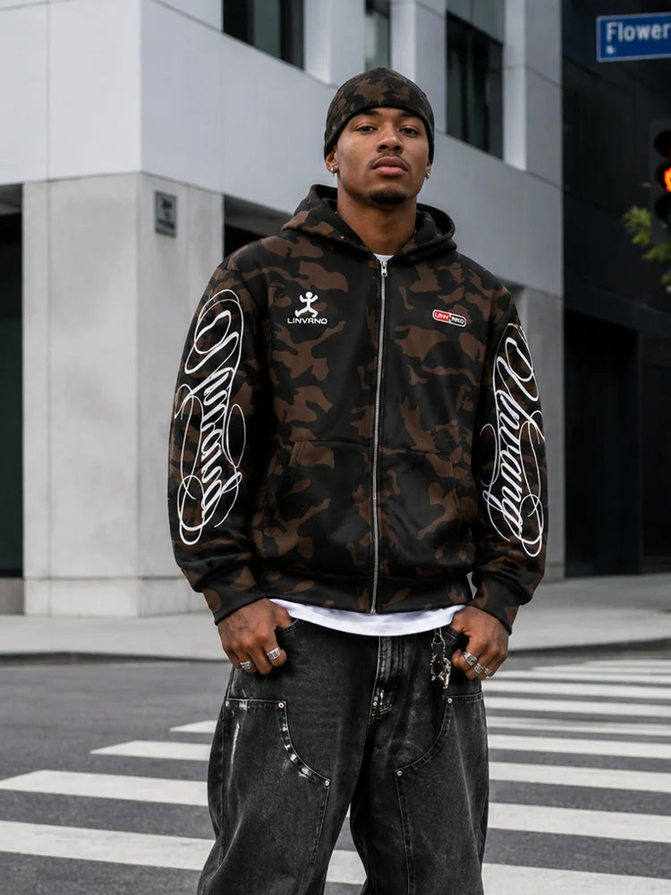 Autumn GRUGE Camouflage Aesthetics Harajuku INS Zipper Hooded Sweatshirt Y2K Street Style Casual Men's and Women's Jackets
