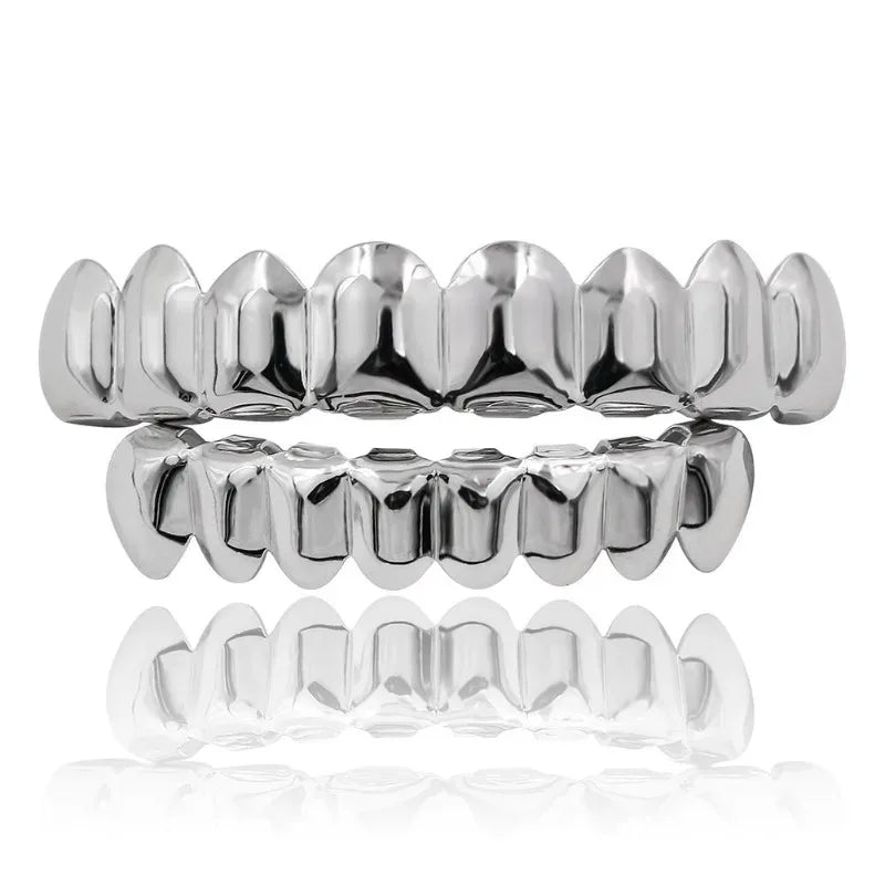 Trendy 2025 Glossy Teeth Grillz Hip Hop Golden Silvery Top Bottom Tooth Caps Unisex Rapper Costume Party Halloween Gift