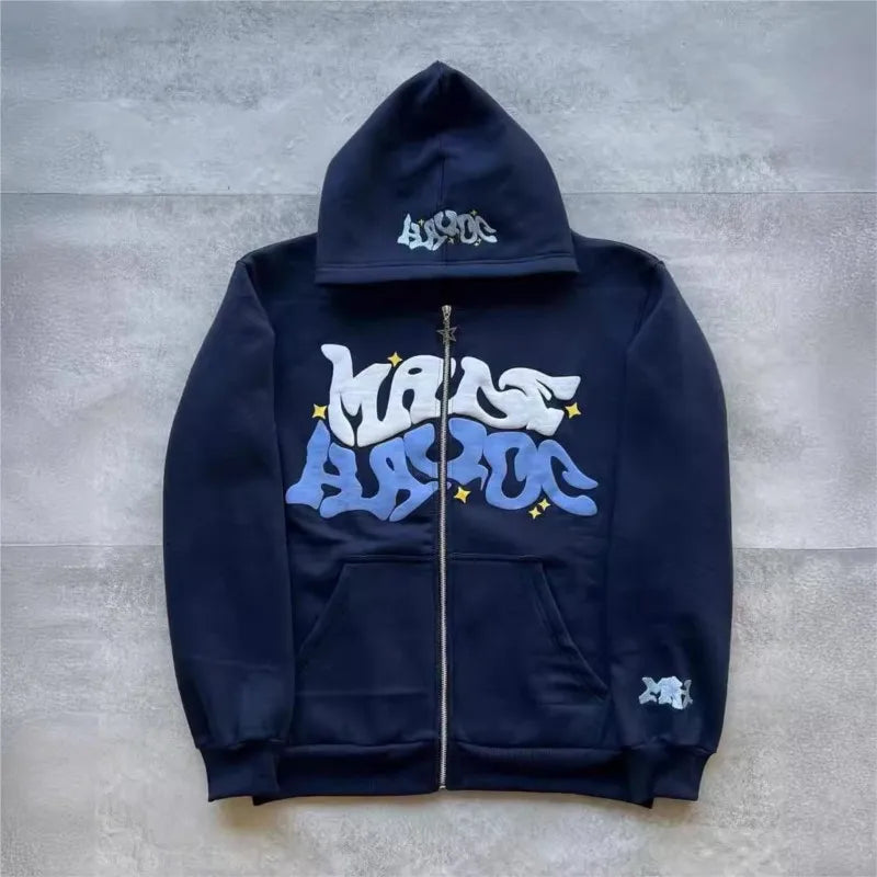 Fashion Retro Star and Letter Printed Zipper Hoodies Women & Men Y2K Spring Autumn Section Lazy Trendy All-match Cardigan Hooded