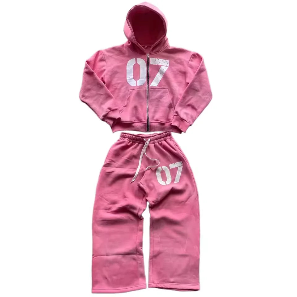 Y2K New Streetwear Set Casual Baggy Sweatpants Fashion Zipper Hoodie Spring American Street Hip-hop Casual Pants Printed Clothes